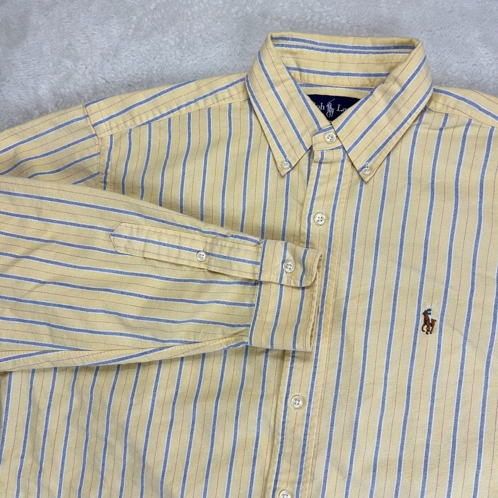 Polo Ralph Lauren Button Down Shirt Mens M Yellow Blue Striped Classic Fit